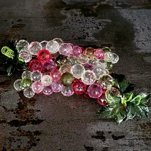2 Acrylic Faceted Grape Cluster 9" Bunch  Multi Colored Vine w. Leaves EUC 