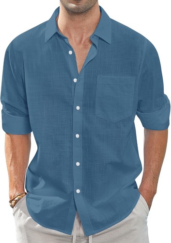 Herren Leinenhemden Freizeit Button Down Langarm Hemd Einfarbig Spread Hemden - Bild 9 von 57