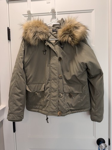 Miss Selfridge Women's US 10 Faux Fur Trim Hooded Parka Jacket Olive Green