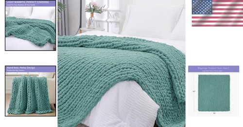 Light Teal Hand Knitted Chunky Knit Throw Blanket - 51x63 Cozy Yarn Comfort - Picture 2 of 9