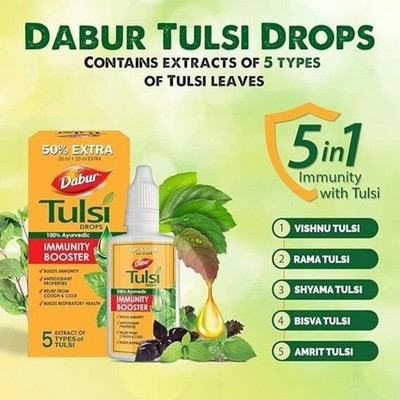Dabur Pure Tulsi Arche Tropfen - 5 Arten von Tulsi Immunitätsbooster 30 ml x 2 Flaschen