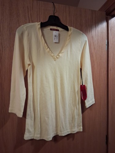 Barbara Lesser Long Sleeve T-Shirt Vneck Satin Ribbon Trim, 27 Long, 15 Armp-arm