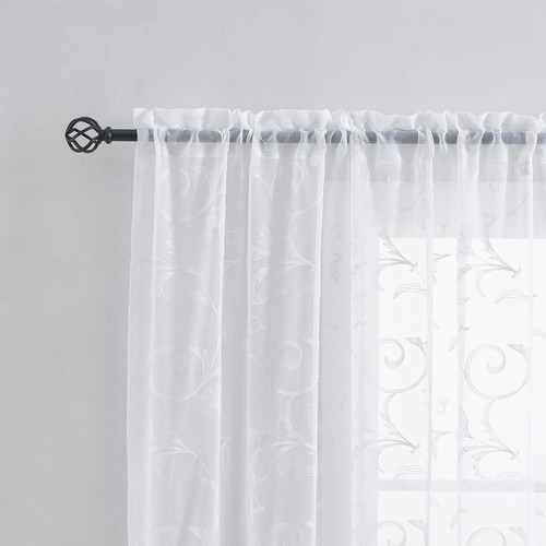 Sheer Curtains White 63 Inch Embroidered Floral, Rod Pocket Voile Drapes for ... - Bild 2 von 9