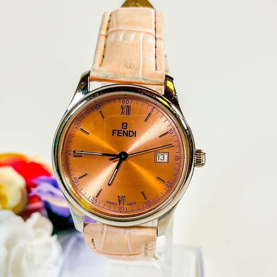 FENDI 210g Quartz Analog Watch Silver Case Brown Leather