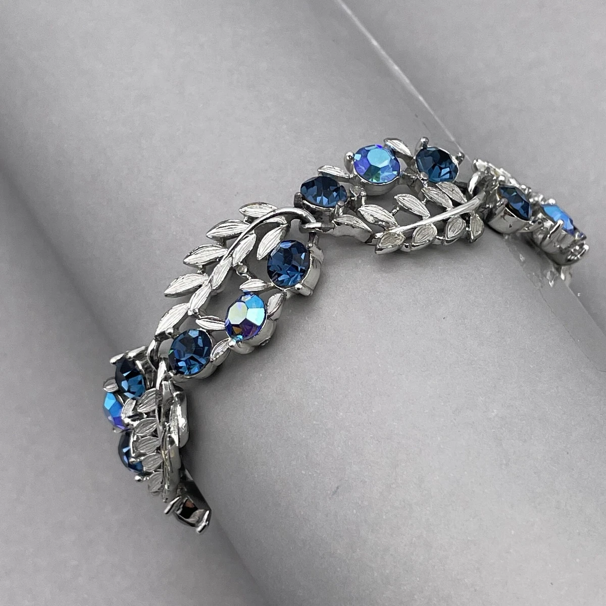 Lisner Blue Rhinestone Leaf Bracelet Silver Tone Fold Over Closure