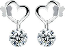925 Sterling Silver Butterfly Earrings Love Heart Cubic Zirconia Stud Women Girl