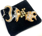Black Enamel Fishes Brooch Pin Vintage Swarovski Crystal Gold Glass Rhinestone