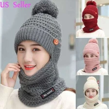 2 in 1 Women Bib Beanie Hat Pom Bobble Scarf Mask Set Knit Winter Warm Snow Cap