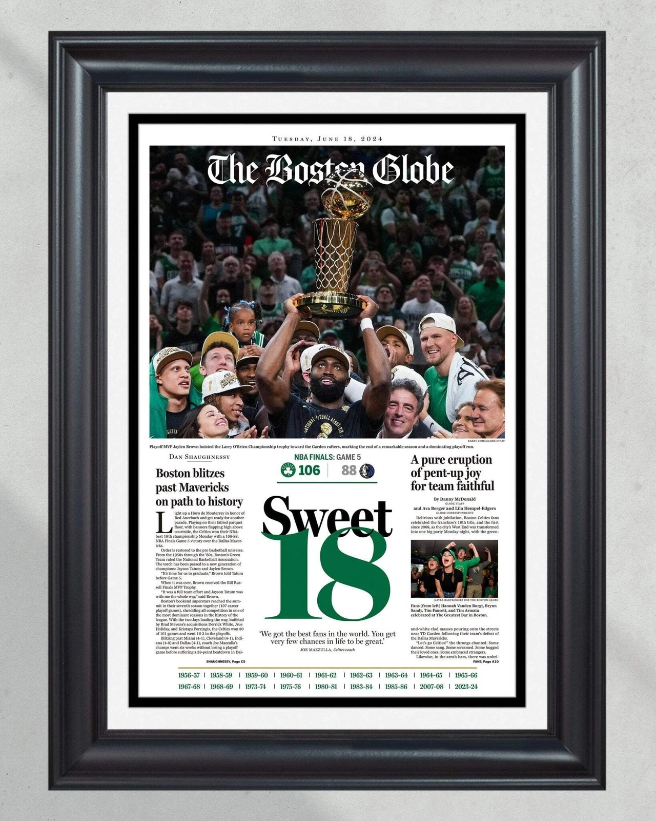 2024 Boston Celtics NBA Champions 'Sweet 18' UnFramed Newspaper