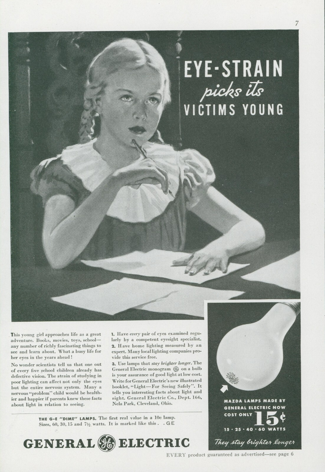 1936 General Electric Mazda Lamp Light Bulb Girl Pen Paper Vtg Print Ad GH1
