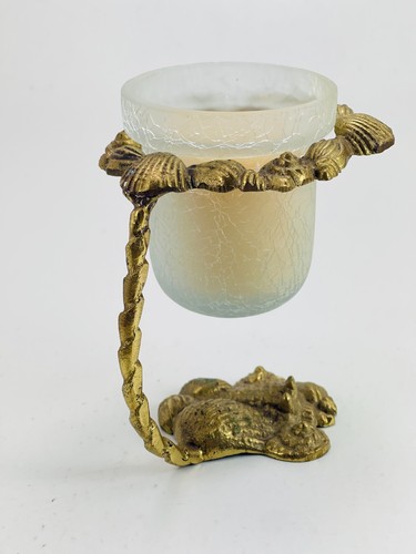 Vintage Beach Nautical Seashell Brass Crackle Glass Candle Holder Votive 4.75"T - Picture 8 of 10