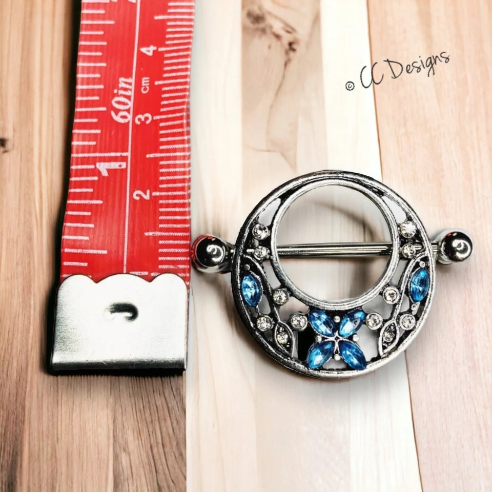 Par de anillos protectores pezón flor enredadera círculo azul blanco brillante 14 g circonita cúbica (J158) Foto 3 de 4