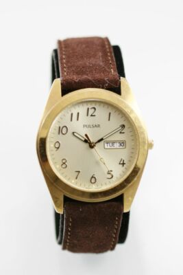Pulsar Herren Armbanduhr Edelstahl Gold Wasser Re Leder Brown Tag Champagner