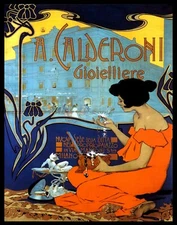 POSTER A. CALDERONI MILAN JEWELER WOMAN JEWELRY BOX ITALY VINTAGE REPRO FREE S/H