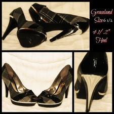 Graceland Stiletto Heels Womens 6H Black Gray Peek Toe Plaid Silver Glitter Bow