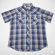 Wrangler Men's Western Shirt XL Blue Plaid Pearl Snap Short Sleeve Cotton Blend