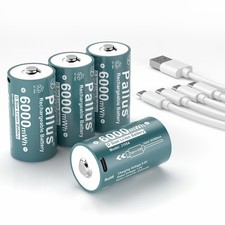 Pallus 1.5V USB Rechargeable Lithium D Batteries with Charger Cable 6000mWh 4PCS