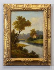 Late 19thC Autumn River Landscape | Oil on Canvas Antique Painting, Gilt Frame