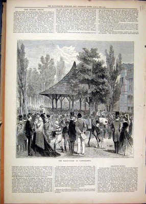 Original alter antiker Druck Rennbahn Longchamps 1877 Pferd Menschen Bäume Land
