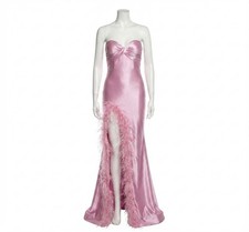 Jovani Feather Trimmed Slit Satin Gown Pink
