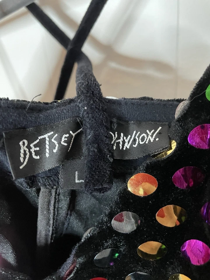 Vtg Betsey Johnson 90's Reflective Multicolor Sequin Stretch Black Velvet Dress - Image 3 of 4