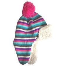 Girls Pink Blue Purple  Gray Stripe Trapper Hat Plush Lined 4-6X