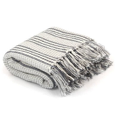 Wohndecke grau weiß 100% Baumwolle 220x250cm weich kariert mit Quasten Cozy Home