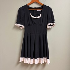 Black Coquette Dress Size M Eyelet Lace Trim Puff Sleeve Whimsigoth Dark Cottage