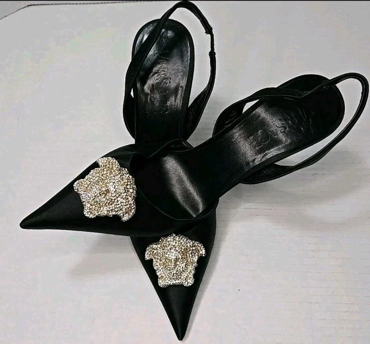 Versace — Size 37.5 Versace La Medusa Satin Slingback Pump Women's