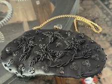 Vintage Black Satin Evening Bag W/ Gold Tone Frame And Chain Strap