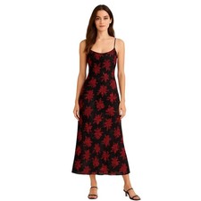 HALSTON Black Red Floral Spaghetti Strap Midi Slip Dress Women's Size Medium