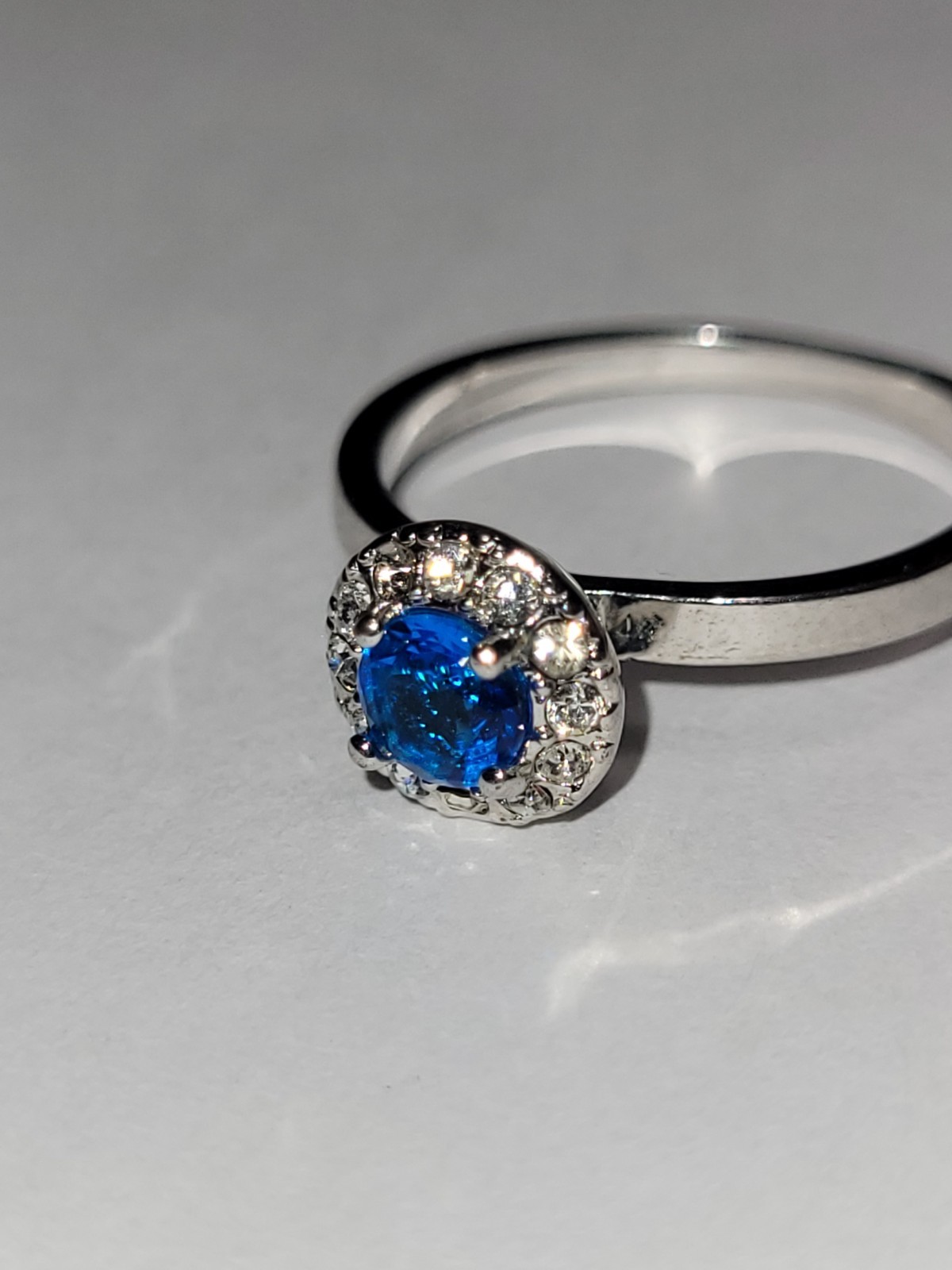 Silvertone Ring Blue Rhinestone Clear Accent Halo… - image 8