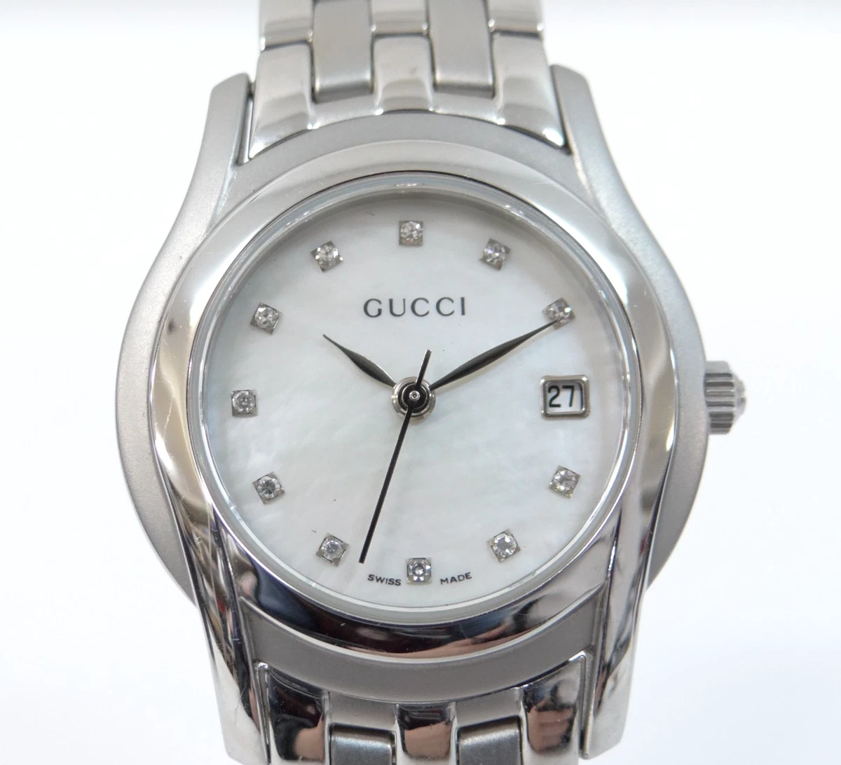 Authentic Gucci 5500L Stainless Steel Mother of Pearl Diamond Dial Ladies Watch Stainless Steel Gucci 5500 Women Wristwatches for sale | eBay main image 4