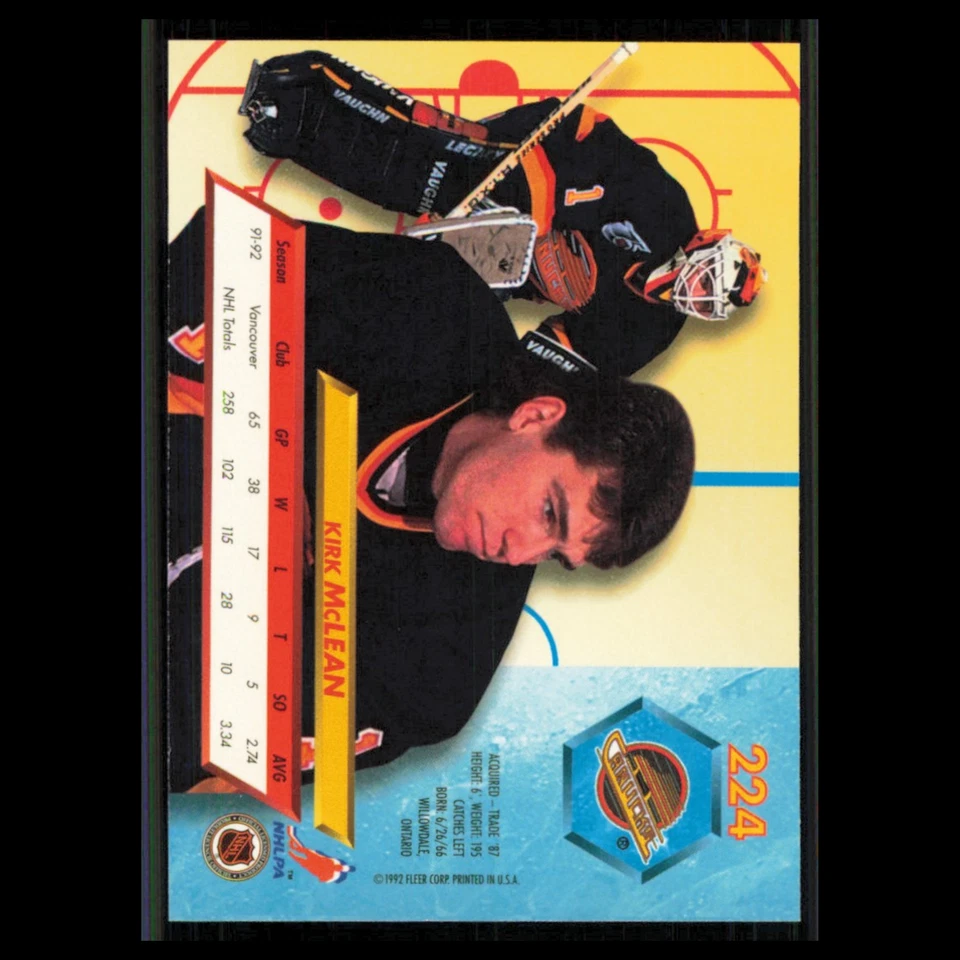 Kirk McLean #224 1992 Fleer Ultra Vancouver Canucks 曲棍球卡 NHL 近乎完好 — 第 2/3 张图片