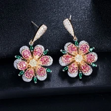 2 Tone Gold Plated Flower Drop Dangle Earrings Women Cubic Zirconia Jewelry Gift