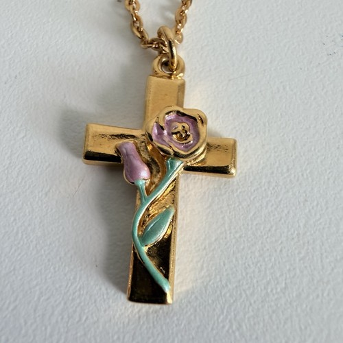 Vintage Avon Signed Gold Toned Rose Cross Pendant Necklace Gift Religious 16.5"