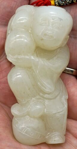 Chinesischer weißer Jadeit Jade geformter Amulett Anhänger glücklicher Mann mit doppeltem Kürbis - Bild 2 von 22