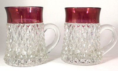 Ruby Red Glass Beer Mugs Indiana Diamond Point 8oz Vintage Lot of 2