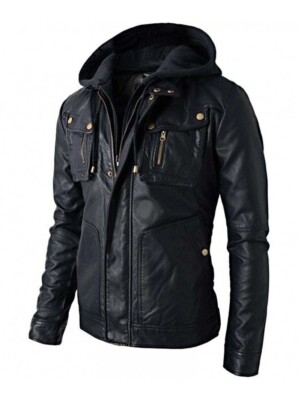 New Style Men's Leather Biker Jacket | Genuine with Zipper and Hoodie | Wool Top