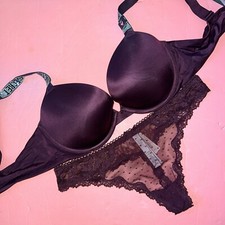 Victoria's Secret 36C BRA SET M thong MAROON KIR Burgundy SHINE STRAP lace Mesh