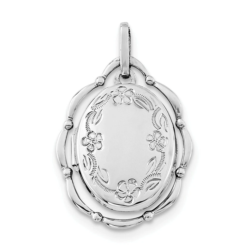 .925 Sterling Silver Polished Flowers & Leaf 21mm Small Oval Locket