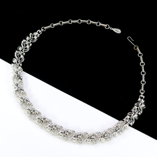 VINTAGE 50'S LISNER AURORA BOREALIS RHINESTONE LEAF SILVER-TONE COLLAR NECKLACE - Picture 7 of 8