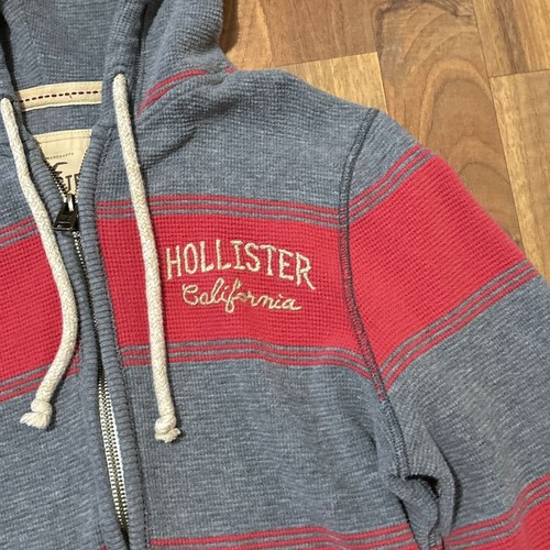 Hollister Full Zip Hoodie Gray Red Striped Retro Hooded Shirt Jacket Medium - Picture 9 of 12