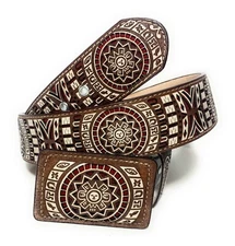 MEN'S WESTERN LEATHER BELT. AZTEC CALENDAR CINTO VAQUERO CINTO CHARRO LASER