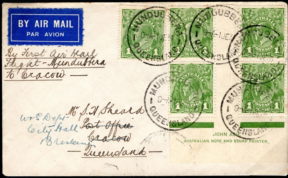 AUSTRALIA KGV 1d *Ash* IMPRINT BLOCK Cover 1934 FIRST FLIGHT Mundubbera MC297 — 第 2/4 张图片