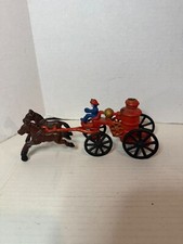 Vintage 2 Horse-Drawn Wagon Fireman Figure Water Pump Cast Iron Carriage Toy