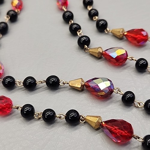 Vtg Glass Beaded Necklace Set of 2 AB Red Teardrop Black Round 21-28" - Picture 8 of 15
