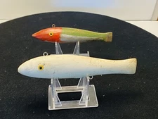 2 Vintage Early 20th Century Hand Crafted Leaded an Wooden Spear Fishing Decoy's