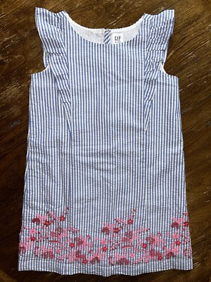 Gap Kids NWT | Ruffle Floral Embroidery Blue Stripe Dress | Girls Size XS (4-5)
