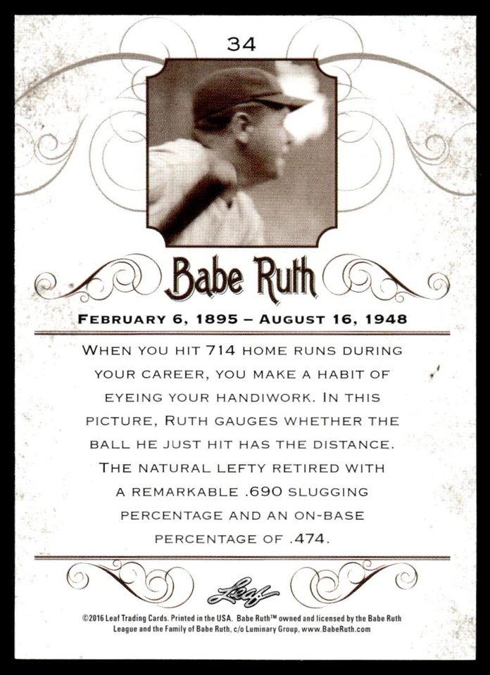 2016 Leaf Babe Ruth Collection Babe Ruth New York Yankees #34 - Image 2 of 2